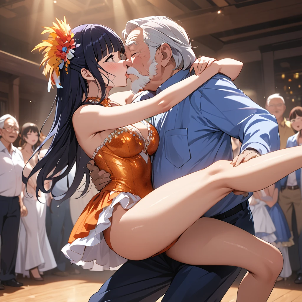 ((Highest quality)), ((masterpiece)), (detailed), (Perfect Face)、The woman is Reika Aoki with semi-long hair、A woman is wearing a salsa costume in South America, kissing and passionately dancing salsa with an old man.
