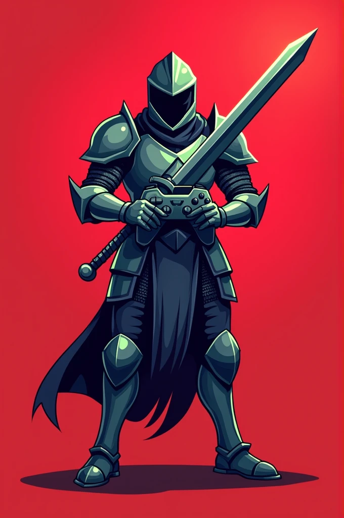 Create a flat vector, illustrative-style mascot logo design featuring a stylized gaming knight character holding a game controller as a sword. The knight should be bold and youthful, embodying the competitive spirit of e-sports. Use colors like steel grey and vibrant green to represent technology and energy against a Red background. Do not show any realistic photo detail shading.