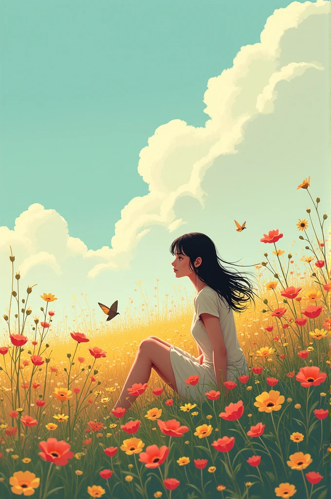 Dessin animé femme qui est assise dans un champ de fleurs seule face au monde 