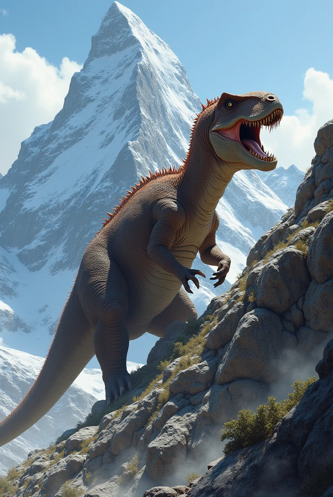 Dinosaur climbing a mountain looking tired