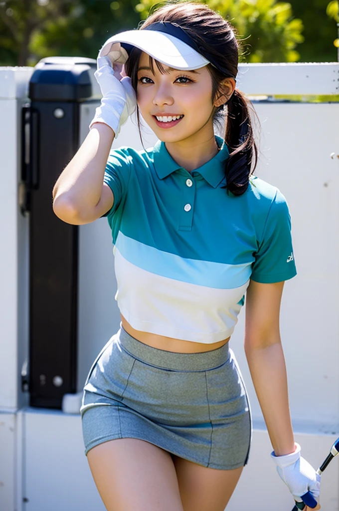 Highly detailed CG Unity 8K wallpapers, With the highest quality, Very detailed, masterpiece, Realistic, Realistic photos, Very detailedかわいい女の子, alone、thin, (タイトなGolf Wear) , (Golf Mini Flare Skirt) , (Wearing golf gloves)、smile , thin body, ((Large Breasts))、Viewers watch, Full Body Shot , Golf course , Sun visor, ponytail,Japanese women、light makeup、Baby Face、セクシー