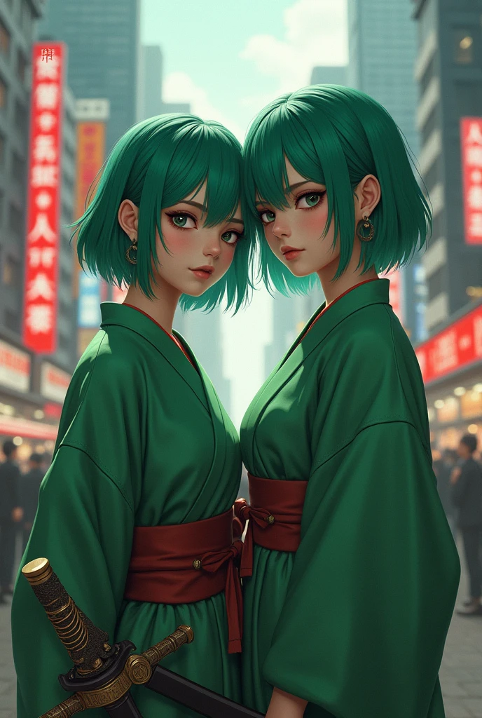 (Super fine)、Realistic big city background、A 2 young woman、Green short hair、Piercing in left ear、Slit eyes、Plain green kimono、A red cloth is tied around the waist、Carrying a sword on his waist