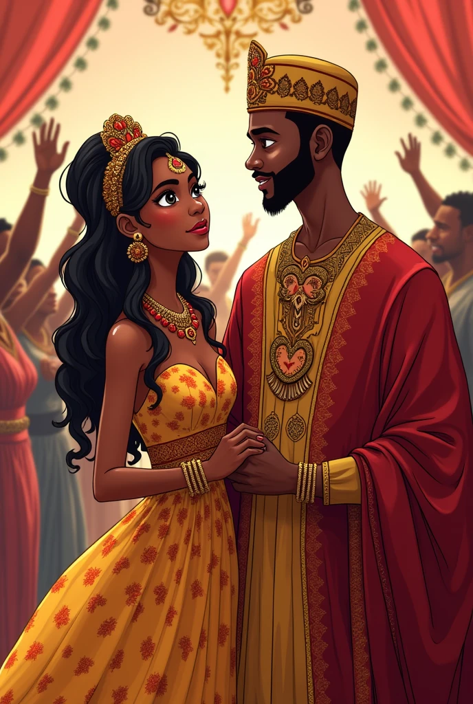 Generate 16:9 images of a vibrant wedding scene where Ngozi and Adamu are dressed in a blend of Igbo and Hausa wedding attire. Ngozi is in a beautiful traditional Igbo bridal gown, adorned with coral beads and an elaborate headpiece. Ngozi, a beautiful young Igbo woman in her mid-20s. She has light skin, large expressive brown eyes, long black hair that falls down her back, and a confident smile. Adamu is in a regal Hausa outfit, with a richly embroidered robe and cap. Adamu is a strikingly handsome Hausa man, light-skinned, tall, and muscular, with sharp facial features and a neatly trimmed beard. They stand together, holding hands, as an elder blesses their union. The guests, dressed in a mix of Igbo and Hausa attires, are celebrating with joyful expressions, some dancing, others cheering. The decorations combine elements from both cultures, creating a colorful and harmonious setting.