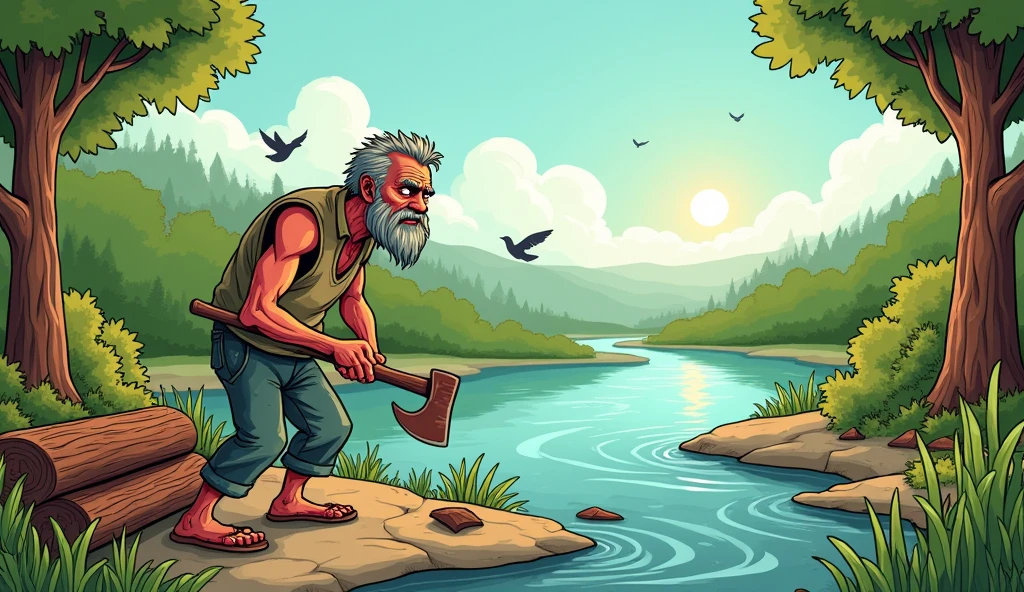 Poor man One day, while he was chopping wood by the river, cartoon 