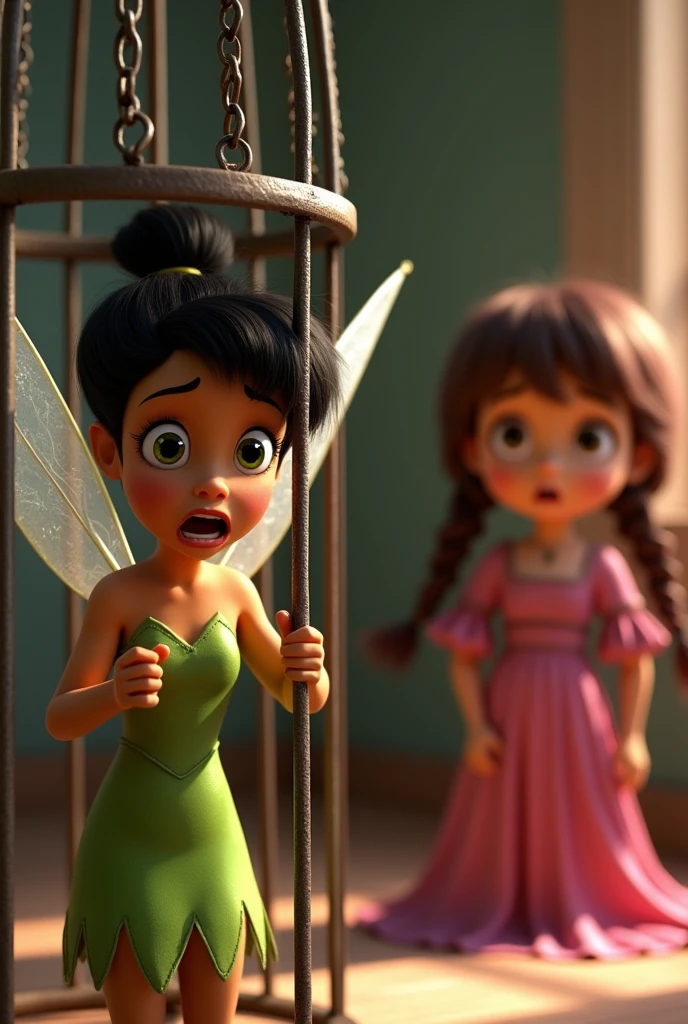 Pixar 4D image, tinkerbell exactly like the original, green dress, but with black hair, brown skin, dark shaped eyes, trapped in a cage with fear, with a cute Pixar looking at her from afar, behind tinkerbell , Out of the cage, with pink peasant dress, two braids in the hair, maroon hair, dark shaped eyes, Caucasian skin, in her room