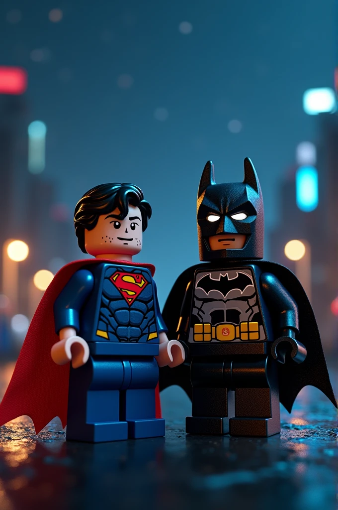Superman and Batman in Lego art, at night.