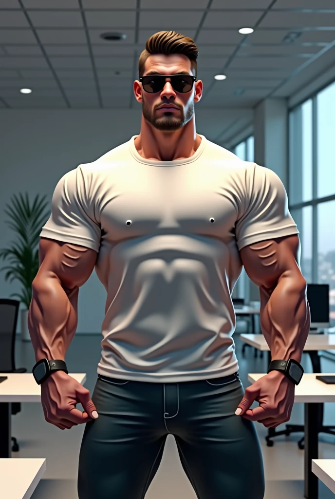 One body builder with dest nd tables with sunglasses wear white t shirt