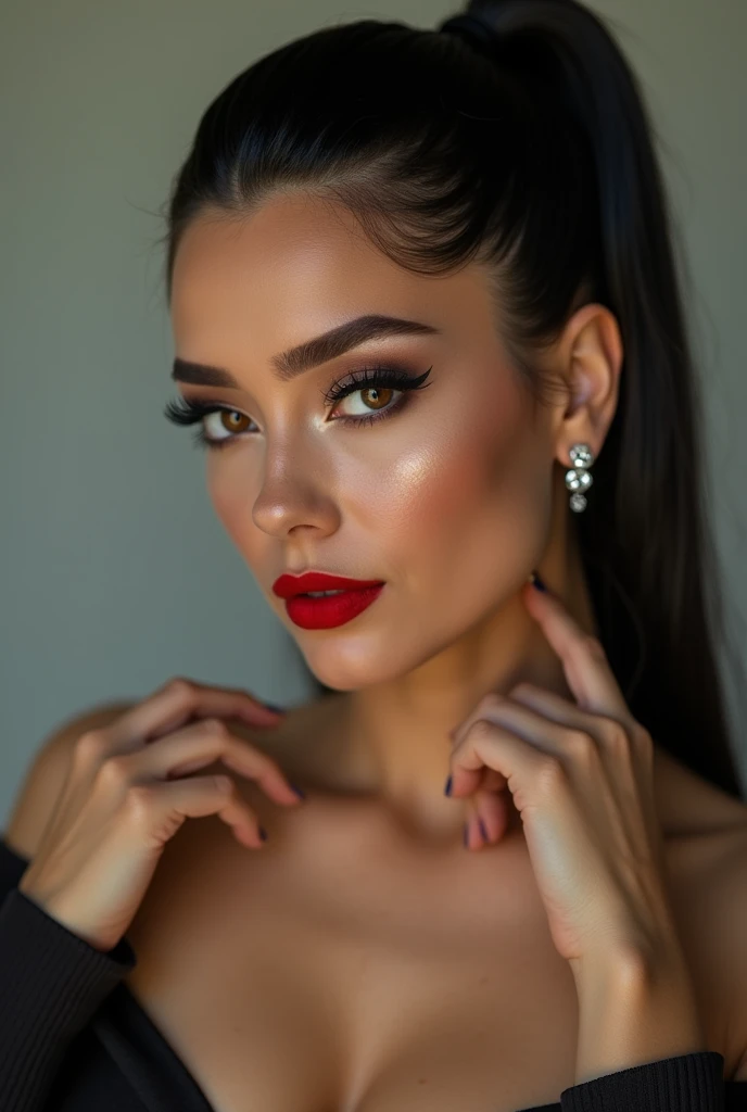 close-up, extreme close-up, close-up portrait, portrait, close-up on her lips, ultra realistic, photography, long black straight hair in a ponytail, elegant perfect hair, (30 years old, hazel eyes, hourglass figure, perfect fit body, natural big breasts), firtatious look, crimson red lipstick, femme fatale, she is a sex icon, she is a sex goddess, long eyelashes, cat-eye make-up, she is completely nude, she is completely naked, focus on her lips, highlight her lips, she has her hands on her neck and her head slightly leans backwards, her eyes focus the camera and her lips are slightly parted, wearing diamond earrings, from behind, naked