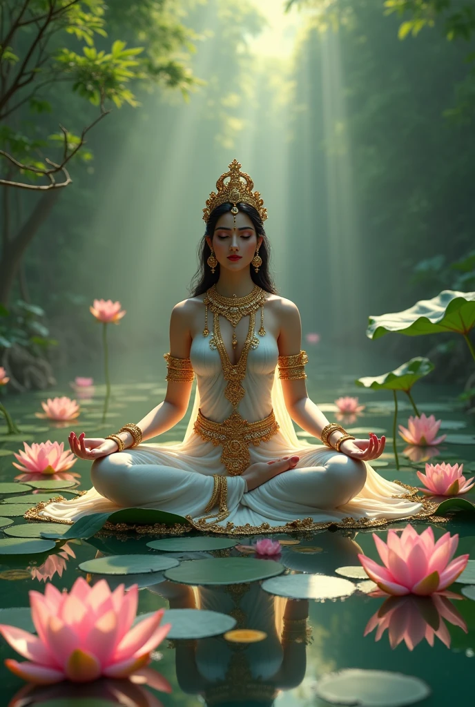 A beautiful picture of indian goddess mahalaxmi sitting on lotus and other lotus surrounding.fantasyreal