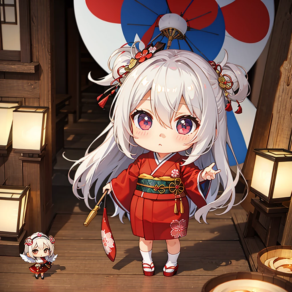  Oiran, Japanese Umbrella, Edo, (chibi:1.5), full body, Big Eyes, (masterpiece), highest quality