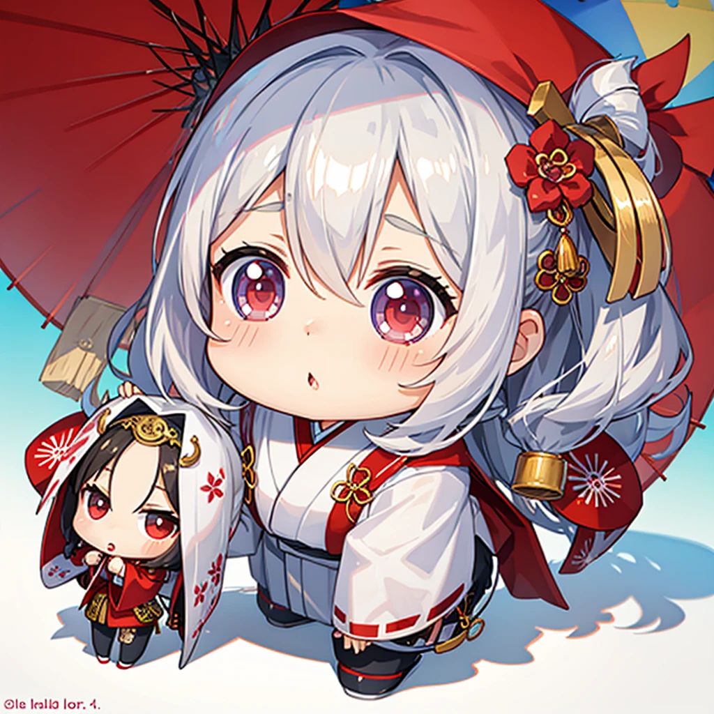  Oiran, Japanese Umbrella, Edo, (chibi:1.5), full body, Big Eyes, (masterpiece), highest quality