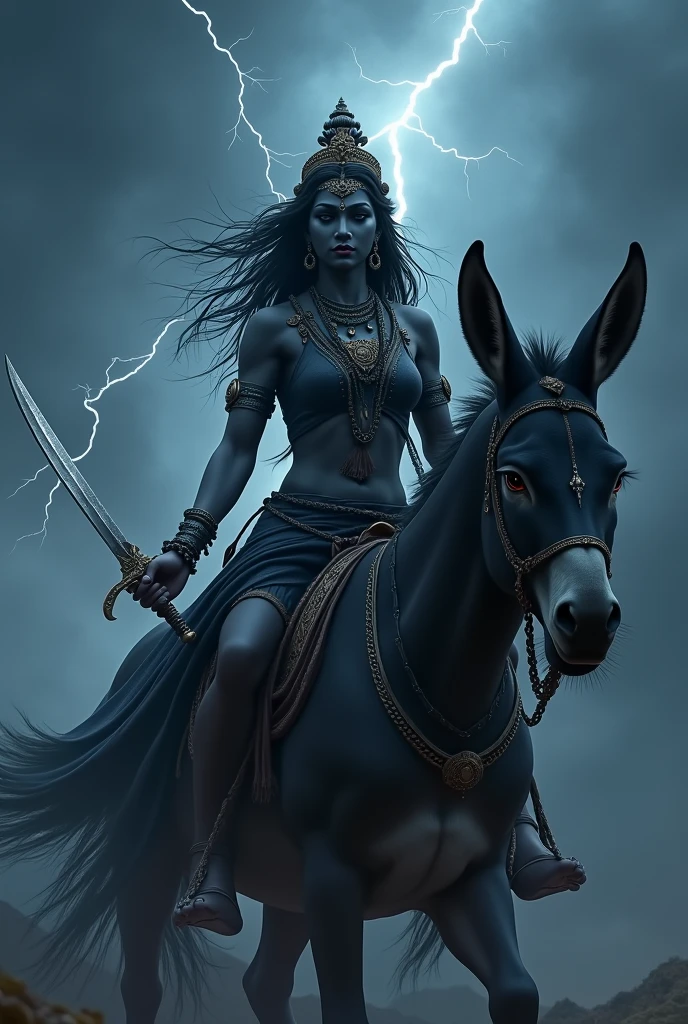 **Prompt:** "Create an ultra-realistic image of the beautiful Goddess Kalaratri, depicted in her fierce and protective form. She should have a dark, almost midnight-blue complexion, symbolizing the night and the destructive aspect of time. Her face, though fierce, should have a striking beauty with large, intense eyes that radiate power and determination. Her hair should be wild and untamed, flowing freely around her, symbolizing her raw, untamed energy.
Goddess Kalaratri should be depicted with four hands. In her left hand, she holds a sharp scimitar or sword, symbolizing her power to destroy evil and ignorance. In her other left hand, she holds a thunderbolt (Vajra), representing her immense strength and ability to protect her devotees. Her right hands should be in Abhaya Mudra, offering protection, and in Varada Mudra, bestowing blessings and fearlessness upon her devotees.
She should be adorned in simple, dark-colored clothing, often depicted as red or black, symbolizing her association with destruction and her role as a fierce protector. Despite her fearsome appearance, there should be a sense of grace and divine beauty that shines through, emphasizing her role as a benevolent mother to those who seek her protection. She should be mounted on an extremely large and powerful donkey, symbolizing her unyielding force and ability to vanquish darkness. The donkey should be depicted with a strong, muscular build, exuding both power and determination, perfectly complementing the goddess's.
The background should be a dark, stormy night with flashes of lightning, reflecting her association with the night and her power over evil forces. The scene should capture the intensity and raw power of Goddess Kalaratri, while also conveying a sense of her protective and benevolent nature. The overall image should be highly realistic and detailed, embodying the essence of Goddess Kalaratri's fearsome beauty and her role as a fierce protector against all evil."