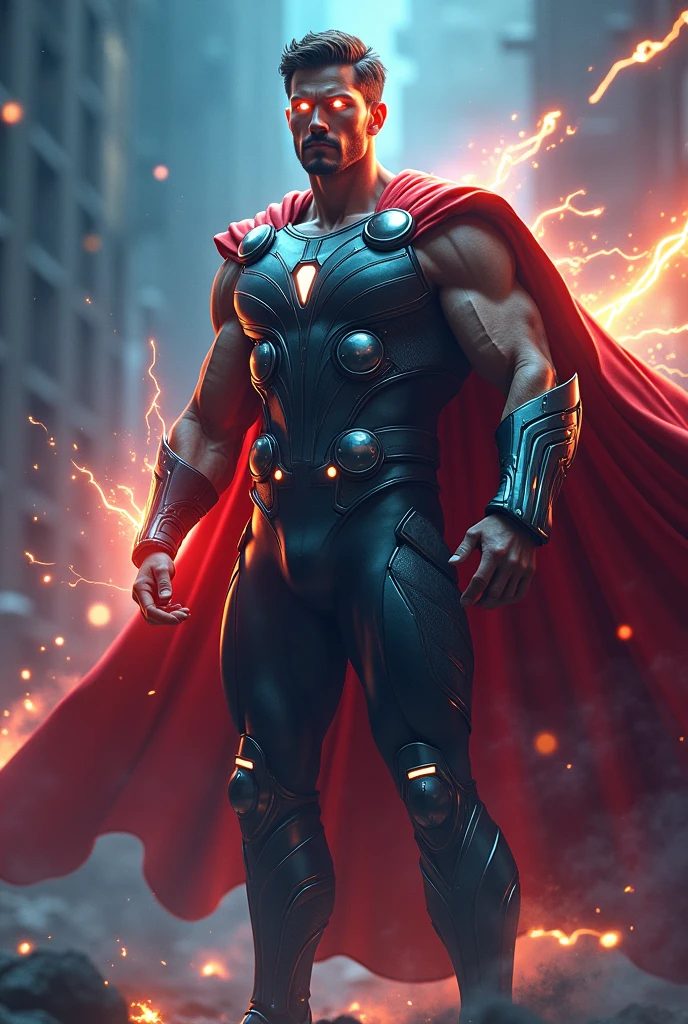 a muscular young man with superman strength, incredible speed like flash, wearing a full hand suit resembling thor , height 178cm, detailed facial features, highly detailed, 8k, photorealistic, cinematic lighting, dramatic pose, dynamic composition, vibrant colors, epic, heroic, powerful,medium muscular body, defined abs, veins, intense expression, glowing eyes, lightning effects, metallic suit details, flowing cape, dramatic shadows, dramatic lighting and face like heart shape