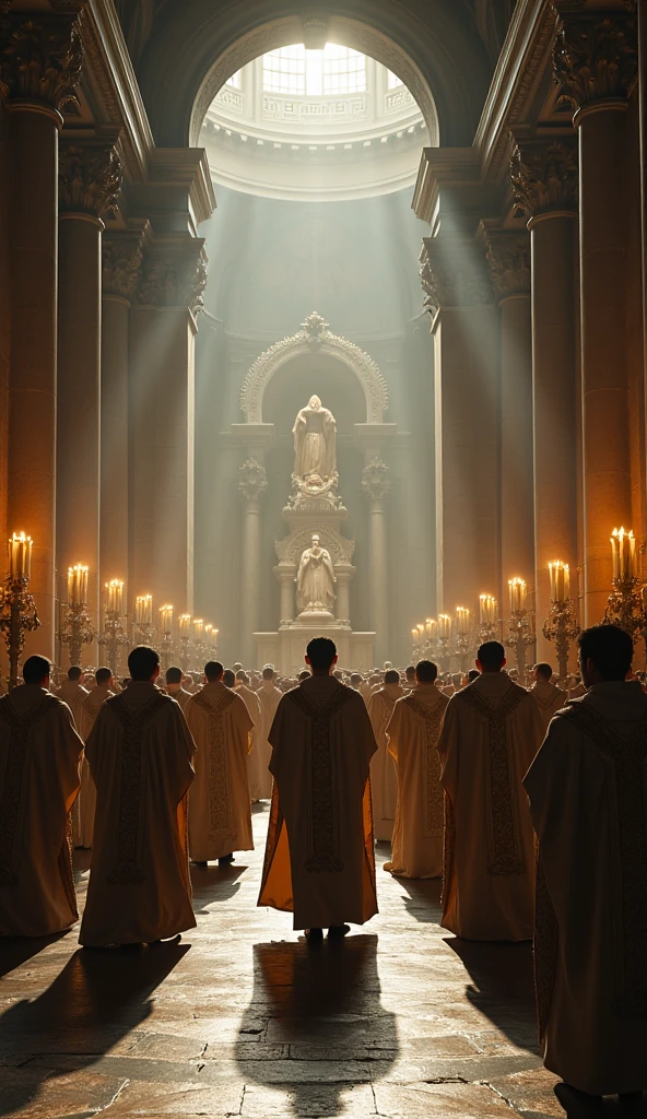A historical ceremony or ritual in a grand Vatican setting. Young priests in ceremonial robes are depicted in a solemn procession. The grandeur of the Vatican architecture contrasts with the somber mood of the event, highlighted by dramatic lighting and ornate details.