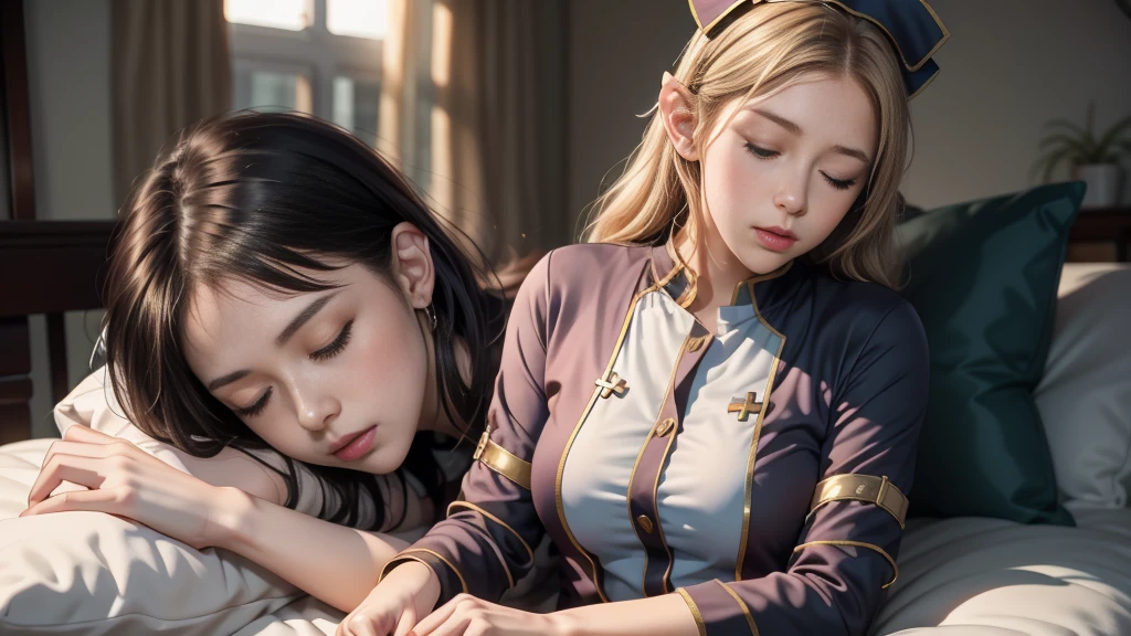 1 Girl,solo,She is sleeping upright on bedroom, Sleeping upright, Official Art,Unity 8k wallpaper,Extremely detailed,Beauty and aesthetics,masterpiece,Best quality,Photo Realism,Nurse,Elf,firefly, eye closed, pillow, bedroom