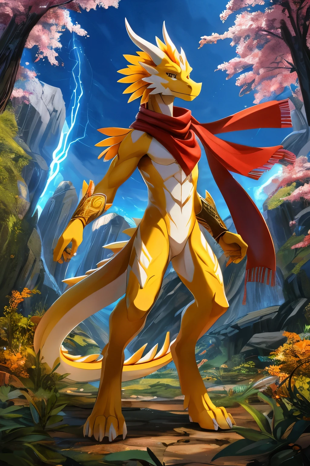 (anime), (front facing), (looking at the camera), slim furry white thunder dragon using thunder magic, yellow secondary body color, (yellow, orange, red and black undertones), smooth skin, very long muzzle, neck and tail fur, digitigrade, creative horns, feathers, (wearing only a scarf), nature background, full body