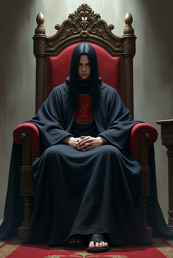 Itachi uchiha in akatsuki coat sitting in large chair.