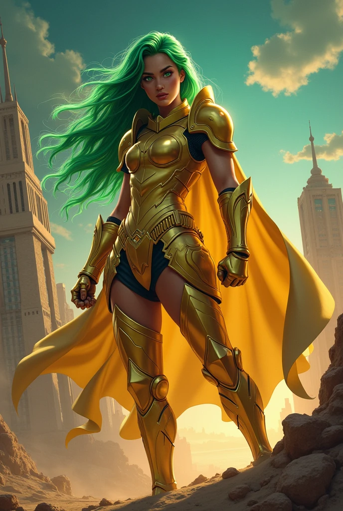 (masterpiece, 4K resolution, Ultra-realistic, Very detailed), (Theme of the Knights of the Zodiac, charisma, There's a girl on top of the city, Sagittarius Knight in Golden Armor, She's a superhero), [ ((20 years), (Long Green Hair:1.2), whole body, (Green Eyes:1.2), ((Fighting Pose),A show of force), ((Sandy urban environment):0.8)| (Cityscape, At night, Dynamic Light), Speed