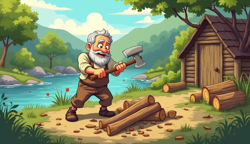 Poor old boy One day, while he was chopping wood by the river, cartoon