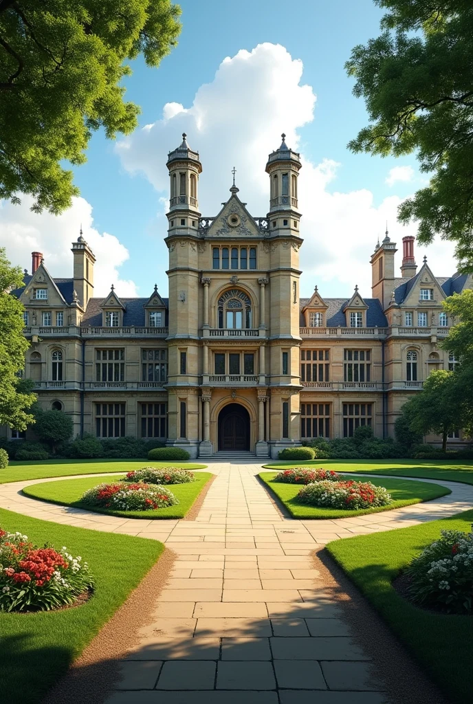 A building with British Architecture a large building  give me a better view and a compound with grass and flowers it's a university administration block
