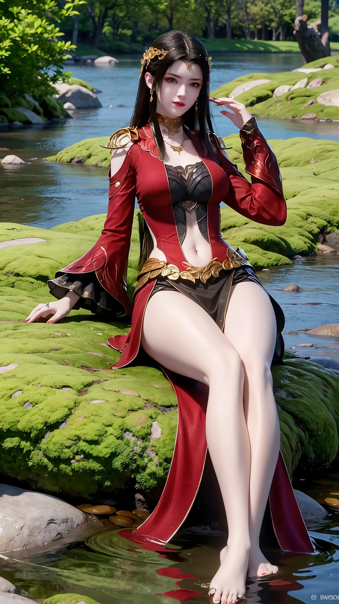 一个穿着连衣裙的女孩躺在Starry Sky下的床上，Exquisite smile，Beautiful and delicate eyes，Beautiful and delicate lips，Extremely detailed face and eyes，Long eyelashes，Full body，Flowing hair，belly button，best quality，excellent work，Super，(Reality:1.4)，RAW photos，(Beautiful face:1.2)，(Lying on the water:1.5)，1 girl，(absurd)，(8k)， (4K)，Octane Rendering，Starry Sky，((Full body view))，barefoot，Cross-legged