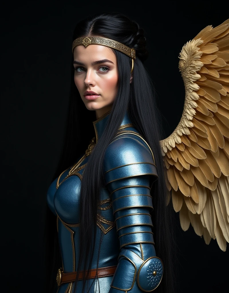 GORGEOUS WINGED VALKYRIE , WARRIOR WOMAN, BUST IMAGE STYLE, STUDIO IMAGE STYLE, BLACK INFINITE BACKGROUND, DIFFUSED LIGHTS ON FACE, BACK LIGHTS ON HAIR, HUGE GOLDEN WINGS, VERY BLACK HAIR, CLOSE FACE SHOT, HUGE LONG HAIR, HUGE STRAIGHT LONG HAIR, BRAID HAIR STYLE, PLATINUM EYEBROWS, VERY PALE SKIN, LUMINOUS SKIN, TURCOISE BLUE EYES, LUMINOUS EYES, MEDIEVAL STYLE, HIGH CHEEKBONES, ROSY CHEEKS, GORGEOUS LIPS, SOFT LIPSTICK, GORGEOUS CURVY BODY, SOFT MUSCLES, VOLUMOUS BREASTS, BLUE ARMOUR, SILVER DETAILS, FULL BODY ARMOUR, FLAT BOOTS, NECK CLEAVAGE, LONG BRACELETS, GOLD DETAILS, GOLDEN HEADBAND , ENIGMATIC FACE EXPRESSION, SIDE FACE VIEW, EYES LOOKING UP, TOLKIEN MITHOLOGY, HIGH QUALITY IMAGE, MASTERPIECE, 8K