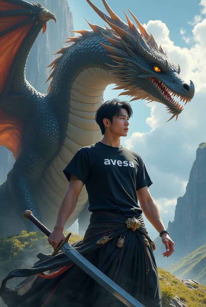 a (35) handsome Korean man standing next to a dragon with a sword in his hand kpop hair, dragon boy, hyperrealistic d&d fantasy art, hyperrealistic fantasy art, realistic fantasy artwork, dragon king, 8 k octane rendering fantasy style, digital fantasy trending art, stills from fantasy films, black t-shirts with the text "AVESA" inspired by demonic dragons
