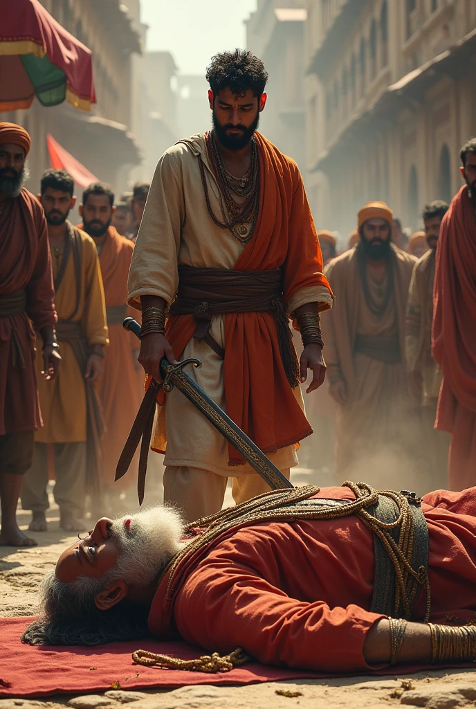A common young man killing an old hindu king infront of public using sword 500 years ago in india