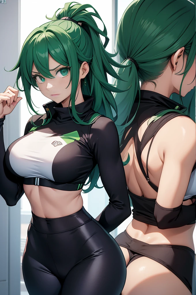 Create an image of a female version of Izuku Midoriya, inspired by the character from My Hero Academia. She has vibrant green hair with black tips, styled in a slightly tousled, yet endearing manner. Her eyes, even though her back is to the viewer, are hinted at in her reflection or profile, large, expressive, and filled with determination, framed by long lashes. She is wearing form-fitting leggings that accentuate her athletic and toned physique, along with a cropped shirt that reveals a strong, defined back and a glimpse of her waist. The shirt should have a simple yet stylish design, perhaps with a subtle hero-themed motif. The scene captures her in a confident, slightly turned pose, showcasing her strength and grace. The lighting should be dynamic, highlighting the contours of her body and the texture of her clothing, making every detail pop. Best image ever, photo-realistic, best quality, highest quality, 8k resolution, perfect image.