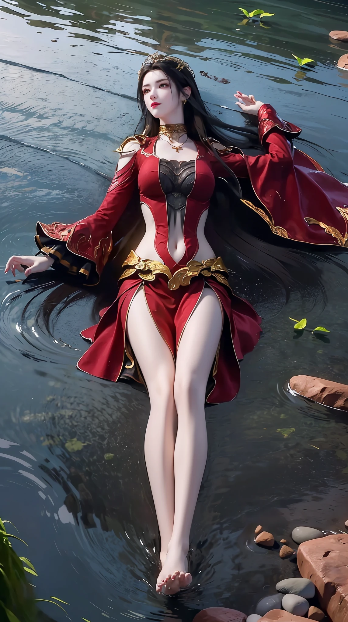 一个穿着连衣裙的女孩躺在Starry Sky下的床上,Exquisite smile,Beautiful and delicate eyes,Beautiful and delicate lips,Extremely detailed face and eyes,Long eyelashes,Full body,Flowing hair,belly button,best quality,excellent work,Super,(Reality:1.4),RAW photos,(Beautiful face:1.2),(Lying on the water:1.5),1 girl,(absurd),(8k), (4K),Octane Rendering,Starry Sky,((Full body view)),barefoot,Cross-legged