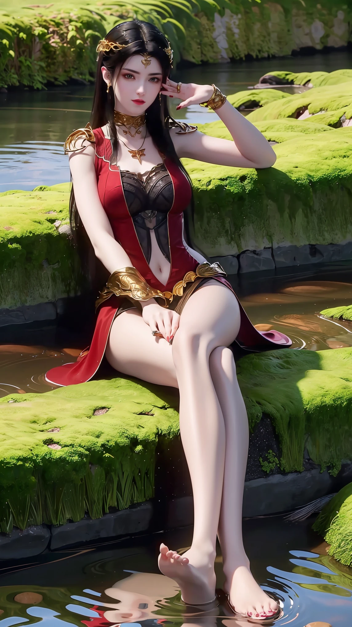 一个穿着连衣裙的女孩躺在Starry Sky下的床上，Exquisite smile，Beautiful and delicate eyes，Beautiful and delicate lips，Extremely detailed face and eyes，Long eyelashes，Full body，Flowing hair，belly button，best quality，excellent work，Super，(Reality:1.4)，RAW photos，(Beautiful face:1.2)，(Lying on the water:1.5)，1 girl，(absurd)，(8k)， (4K)，Octane Rendering，Starry Sky，((Full body view))，barefoot，Cross-legged