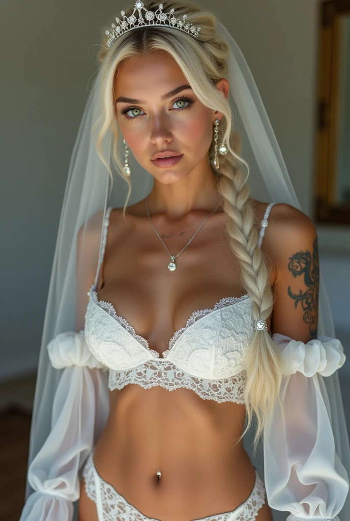 1 very slim tight 1 high school teen girl,  rich preppy bride girl ,juvenile nubile stripper super model body, very tall slim waist, wearing sexy white bridal lace top and lace lingerie and stockings , big tits push up , very skinny  slim waist navel piercing, navel jewellery, toned abs, teenager blond, bare colossal cleavage, necklace, , sexual facial expression, Long platinum blond hair braided ponytail tiara and bridal veil, smiling innocent teenager face, freckles, 8K RAW photo. tattoos on body 