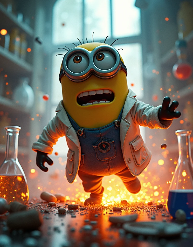 Laboratory in chaos, Minion Kevin wearing a chemical experiment scientist suit exploded out of his 