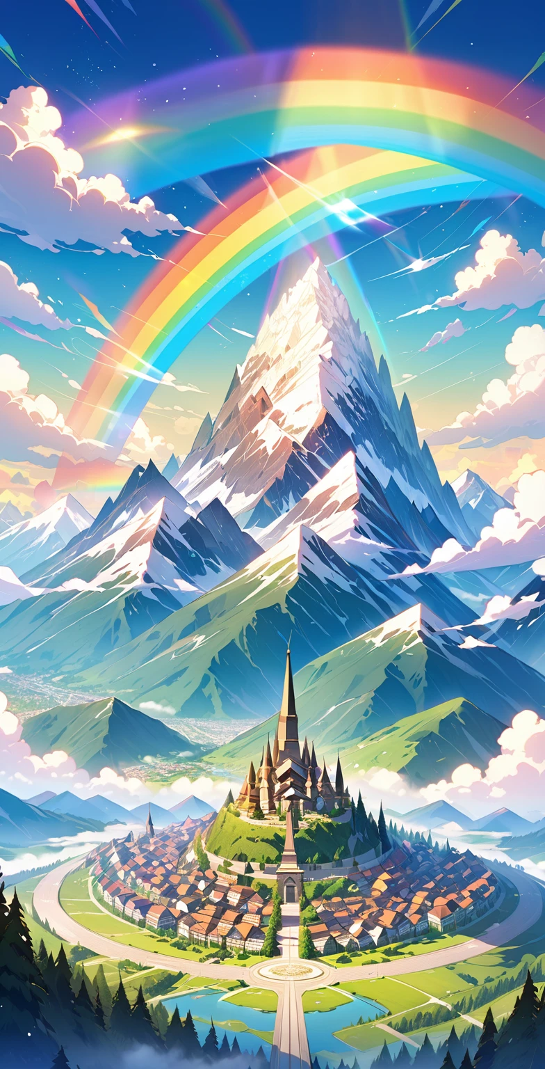 There were many mountains in the center of which were monuments with four rainbows shining in the sky. With many mountain cities in the sky