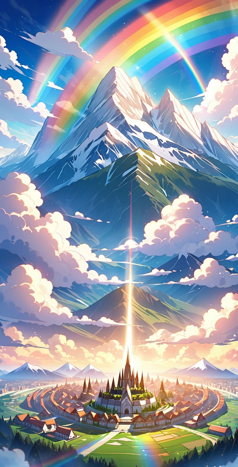 There were many mountains in the center of which were monuments with four rainbows shining in the sky. With many mountain cities in the sky