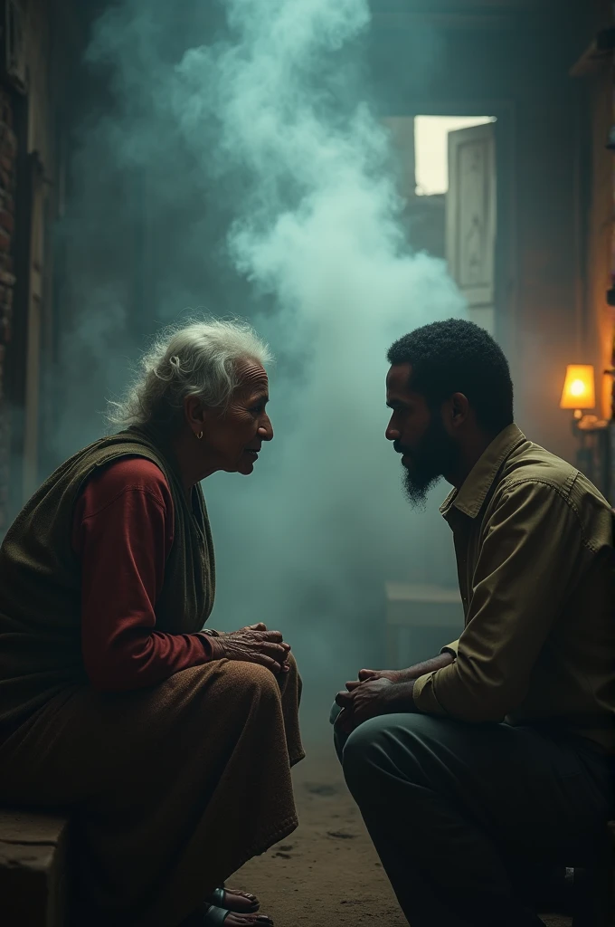 An old Ethiopian woman is talking to a man who lost an election in a house. The house is full of smoke, but the man is crying.