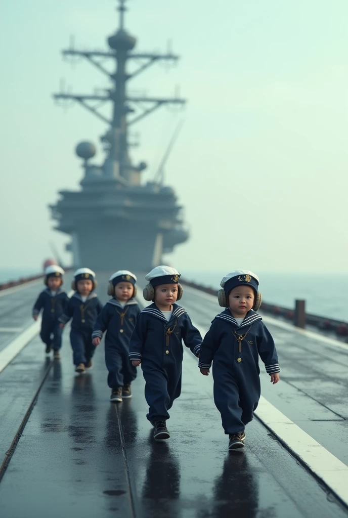 A group of newborns wearing Navy uniforms and sailor helmets walk on the landing strip of an aircraft carrier, just like real life.