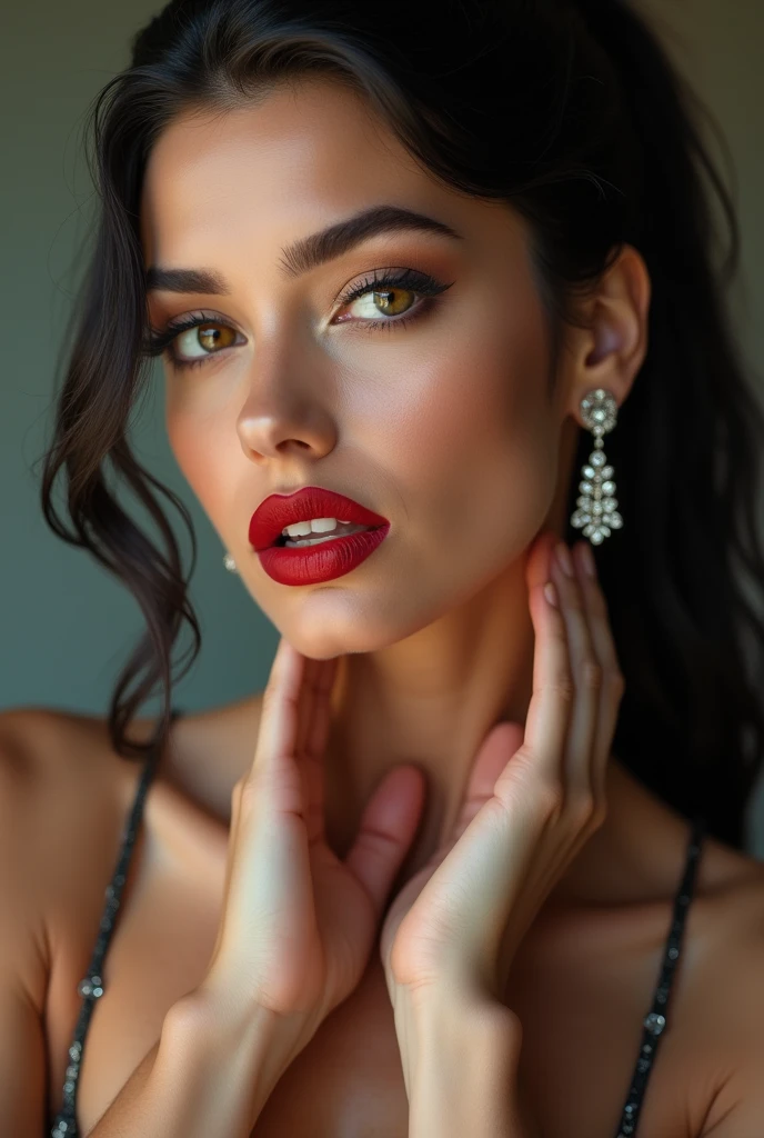 close-up, extreme close-up, close-up portrait, portrait, close-up on her lips, ultra realistic, photography, long black straight hair in a ponytail, elegant perfect hair, (30 years old, hazel eyes, hourglass figure, perfect fit body, natural big breasts), firtatious look, crimson red lipstick, femme fatale, she is a sex icon, she is a sex goddess, long eyelashes, cat-eye make-up, she is wearing a push-up bra, she is wearing a wonderbra, focus on her lips, highlight her lips, she has her hands on her neck and her head slightly leans backwards, her eyes focus the camera and her lips are slightly parted, wearing diamond earrings, from behind, naked