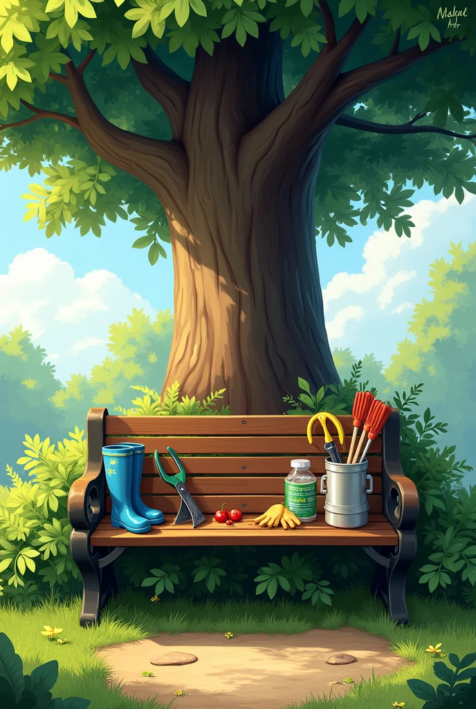 A park bench can be seen at the base of a large tree。There is a broom and a rake on the bench。On the bench lay a pair of gardener's high rubber boots.、a pair of gloves、Three pieces of fertilizer and a pair of large flower pruners
