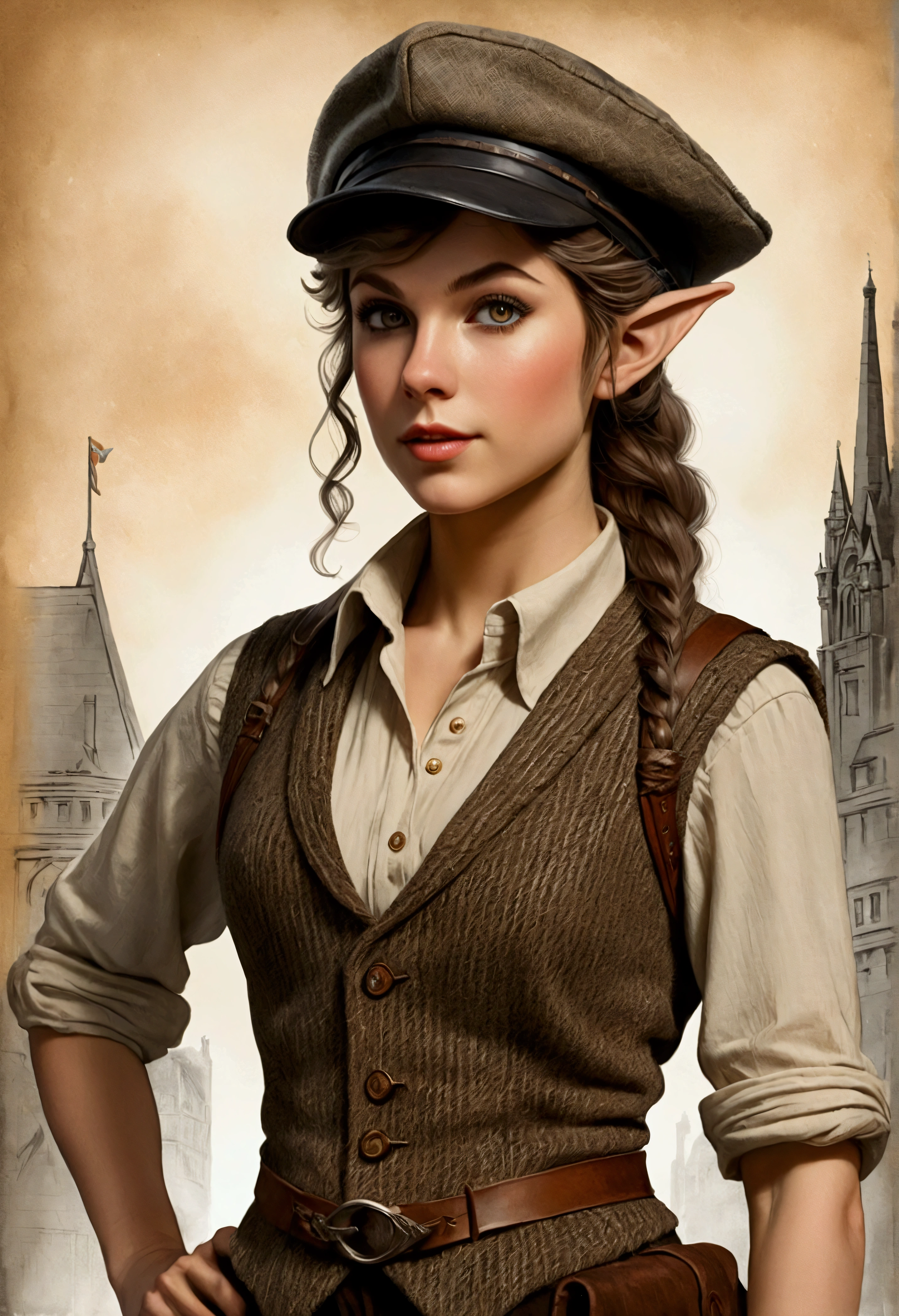 An illustrated movie poster, hand-drawn, full color, an elven maiden, wearing a tweed vest and a newsie cap, tall, toned, amazonian stature, athletic hourglass figure, busty bosom, long pointy elf ears, amber eyes, dark hair, warm almond skintone, freckles, resembles Taylorr Swift, standing on a foggy Victorian-era street corner, graphite shading, stencil marks, airbrushed acrylic paint, masterpiece, elf ears