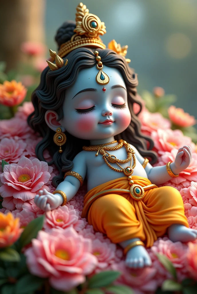Lord shiv in cute form with floral background having rest on flowerbed hyper realistic art indian mythology surrounded by the gods blessing