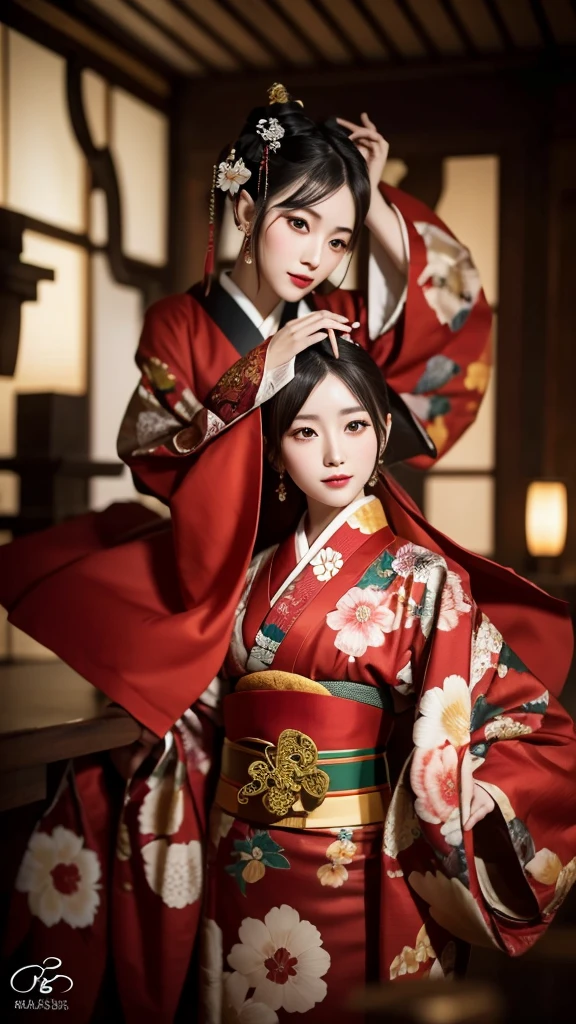8k, RAW photo, best quality, masterpiece, realistic, photo-realistic, clear, professional lighting, beautiful face, best quality, ultra high res, "A highly detailed scene capturing a traditional Japanese oiran, standing in a serene, softly-lit room by a shoji screen. She is dressed in an elaborate, richly patterned kimono with vibrant floral and crane motifs. Her hairstyle is the classic oiran style, adorned with intricate kanzashi hairpins. She holds a small, delicate hand mirror with a floral design, her makeup is traditional, with pale skin, red lips, and a red and black eye makeup. The lighting is warm and creates a cinematic, dramatic effect with soft shadows. The background includes a hint of traditional Japanese decor with a view of a calm interior space."