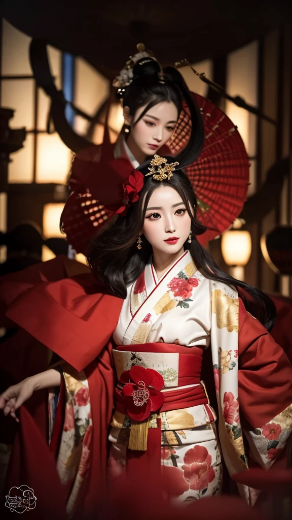 8k, RAW photo, best quality, masterpiece, realistic, photo-realistic, clear, professional lighting, beautiful face, best quality, ultra high res, "A highly detailed scene capturing a traditional Japanese oiran, standing in a serene, softly-lit room by a shoji screen. She is dressed in an elaborate, richly patterned kimono with vibrant floral and crane motifs. Her hairstyle is the classic oiran style, adorned with intricate kanzashi hairpins. She holds a small, delicate hand mirror with a floral design, her makeup is traditional, with pale skin, red lips, and a red and black eye makeup. The lighting is warm and creates a cinematic, dramatic effect with soft shadows. The background includes a hint of traditional Japanese decor with a view of a calm interior space."