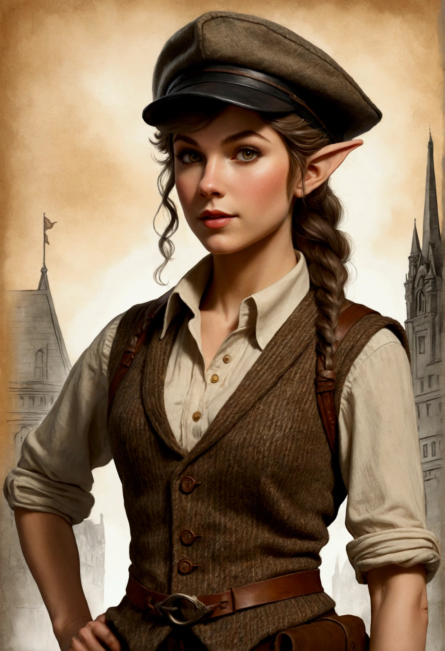 An illustrated movie poster, hand-drawn, full color, an elven maiden, wearing a tweed vest and a newsie cap, tall, toned, amazonian stature, athletic hourglass figure, busty bosom, long pointy elf ears, amber eyes, dark hair, warm almond skintone, freckles, resembles Taylorr Swift, standing on a foggy Victorian-era street corner, graphite shading, stencil marks, airbrushed acrylic paint, masterpiece, elf ears