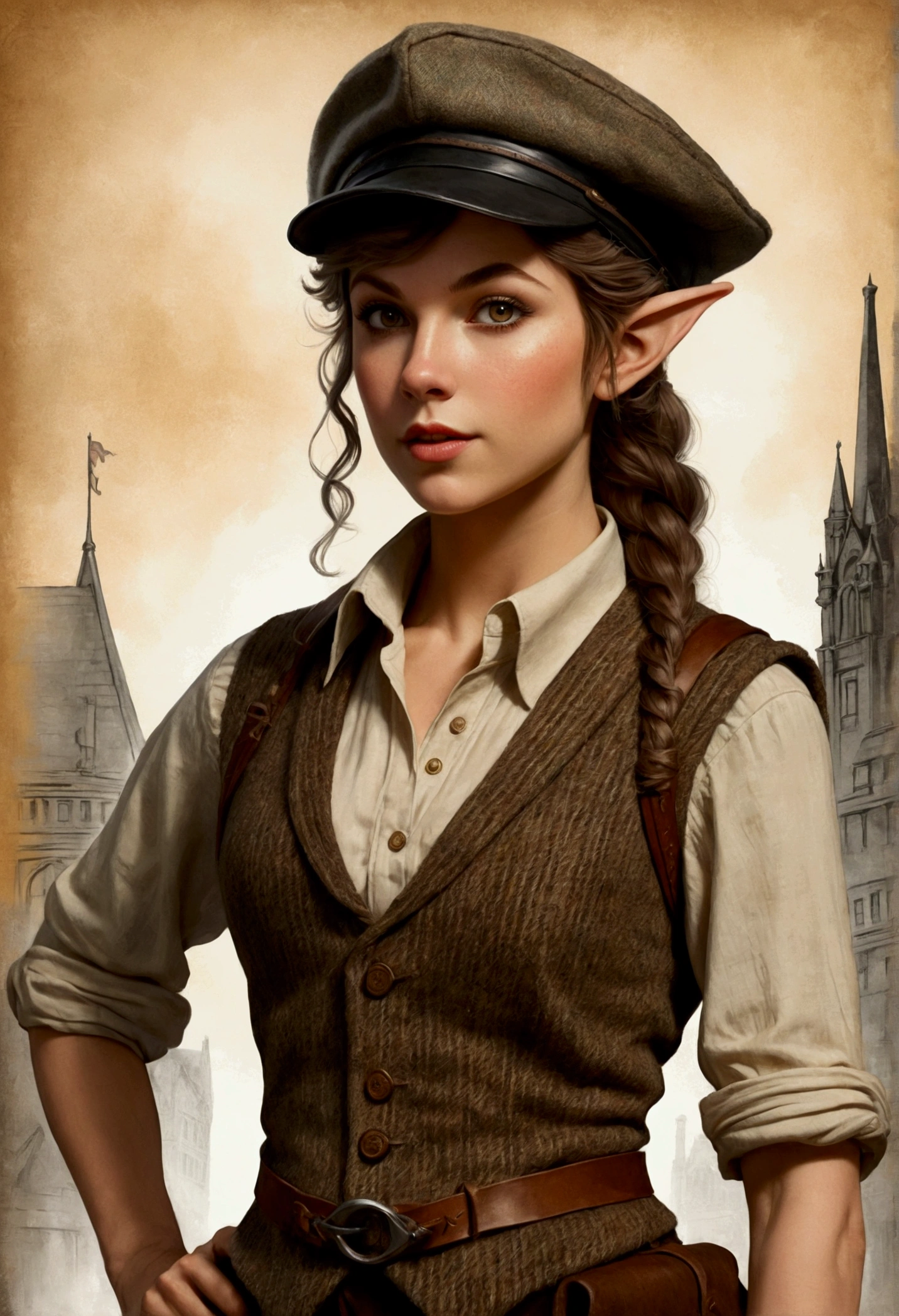 An illustrated movie poster, hand-drawn, full color, an elven maiden, wearing a tweed vest and a newsie cap, tall, toned, amazonian stature, athletic hourglass figure, busty bosom, long pointy elf ears, amber eyes, dark hair, warm almond skintone, freckles, resembles Taylorr Swift, standing on a foggy Victorian-era street corner, graphite shading, stencil marks, airbrushed acrylic paint, masterpiece, elf ears