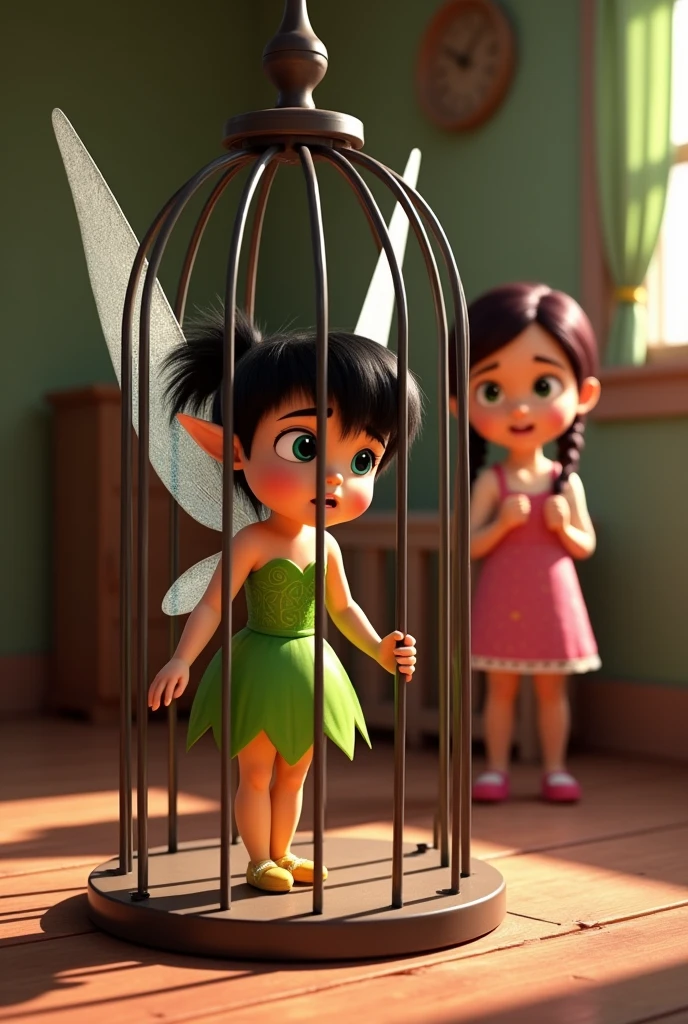 Pixar 4D image,  tinkerbell exactly like the original, green dress, but with black hair, brown skin, dark shaped eyes, trapped in a cage with fear, with a cute  Pixar looking at her from afar, behind tinkerbell , Out of the cage, with knee-length pink peasant dress, two braids in the hair, maroon hair, dark shaped eyes, Caucasian skin, in her room 