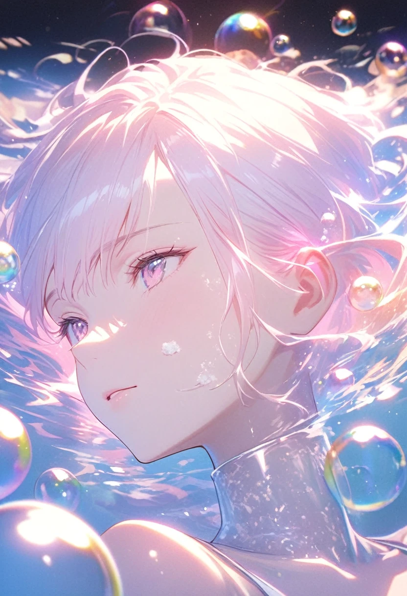 A person lying in the water,With smooth abstraction,Reflection and mirror styles,Transparent light pink,Shimizu,White soap bubbles,Bokeh photos,Close-up from the neck up,Head close-up