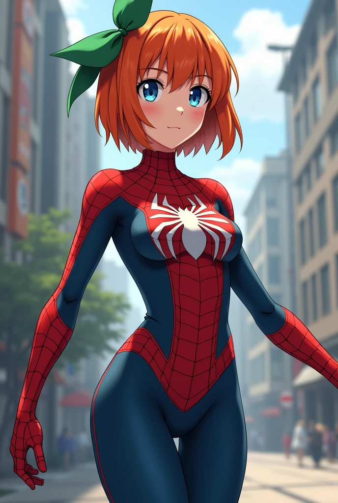 Yotsuba nakano short orange hair, green ribbon on the head in the shape of a rabbit,blue eyes, at 2, full body, more adult and with a spiderman suit with a white spider