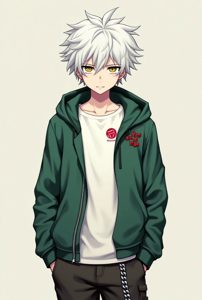 Nagito komeada from Danganronpa v2 white hair White t-shirt white a red logo and Green jacket And the design is Little red boxs in top left jacket has a Chain in his right pants Dark pants dark brown Shoes