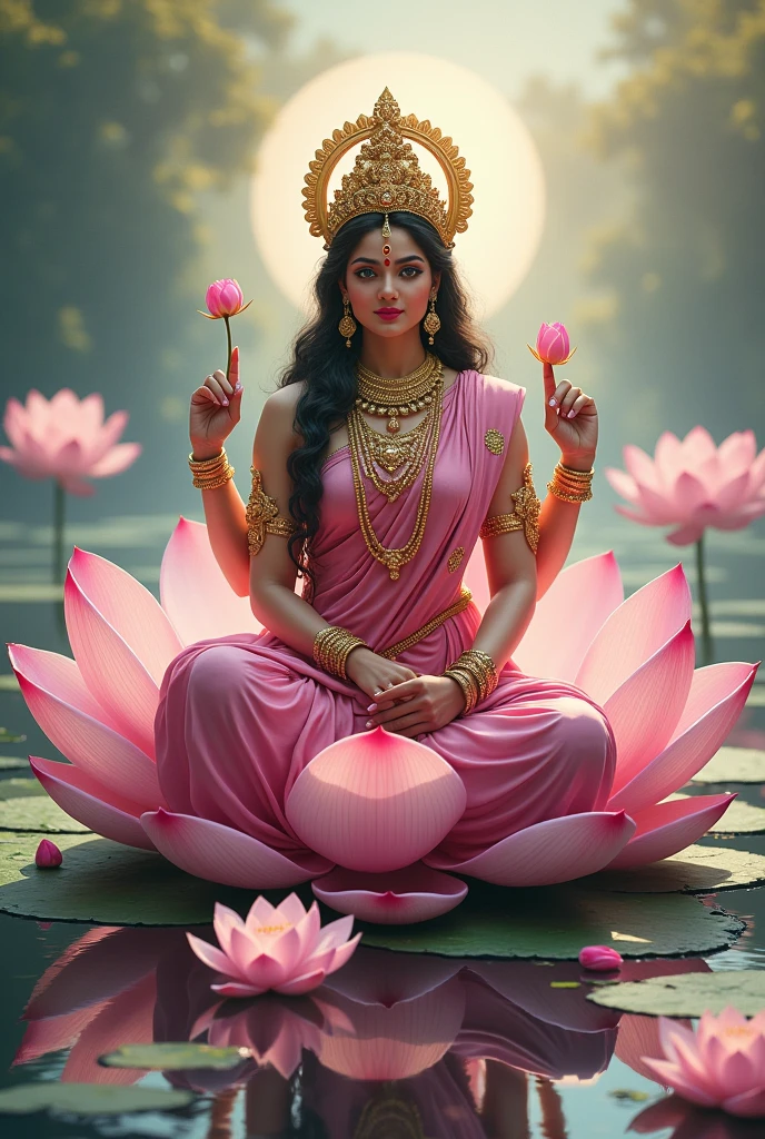 A beautiful picture of indian goddess mahalaxmi in pink sarree sitting on lotus and other lotus surrounding.fantasyreal 